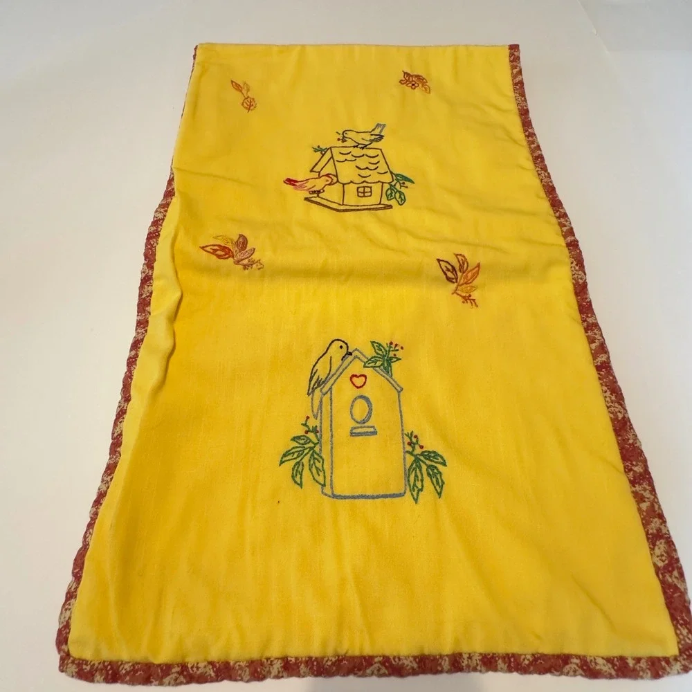 Vintage Style Yellow Birdhouse Embroidered Table Runner Reversible Red 48x15
